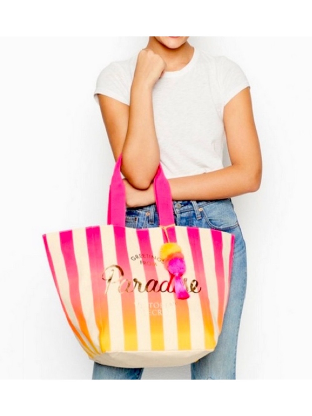 Victoria's Secret Hot Pink, Yellow & Orange Stripe Tote with Tassel